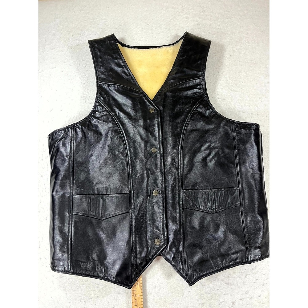 Vintage Y2K Pingguo Sheepskin Shearling Leather Vest Women XL Black Button Front - Picture 1 of 14